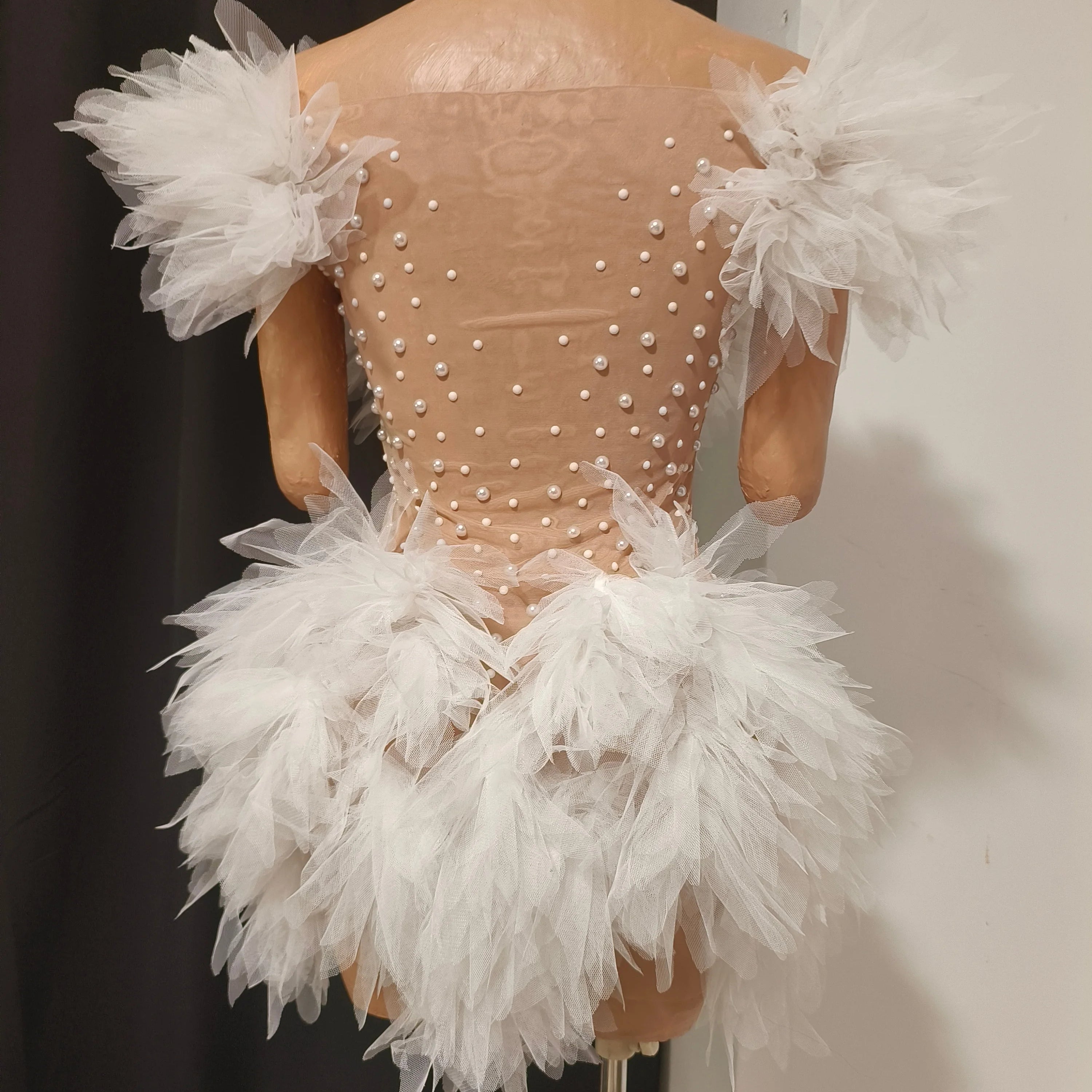 Refined Chic Tulle Mesh Mini Dress Women Pearl Crystal Embellished Sheer Illusion Neck Bridal Shower Birthday Party Dress