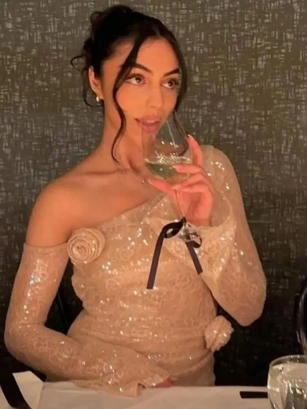 2025 Sexy Women's 3D Flower Shining Glitter Maxi Dress with Diagonal Collar Long Sleeve Bodycon Long Dress Evening Club Vestidos