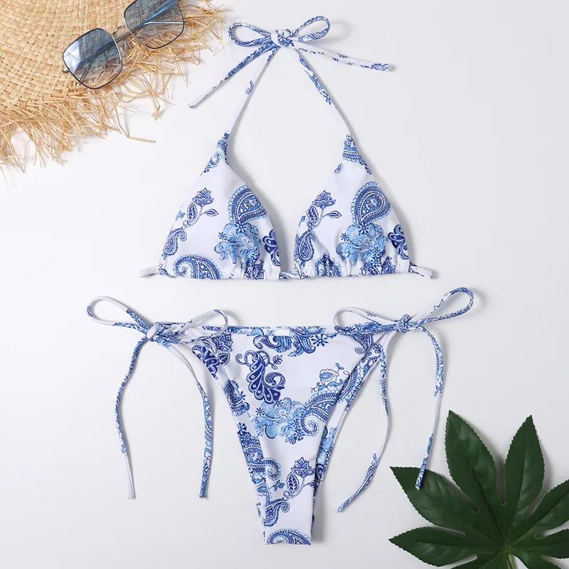 sexy floral print micro bikini blue and white porcelain bikini swimwear swimsuit women biquini thong bikini set bathing suits print 1