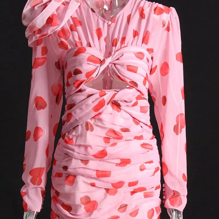 Print Patchwork Floral Cut Out Dress For Women V Neck Long Sleeve High Waist Folds Mini Dresses Female Clothes New Pink