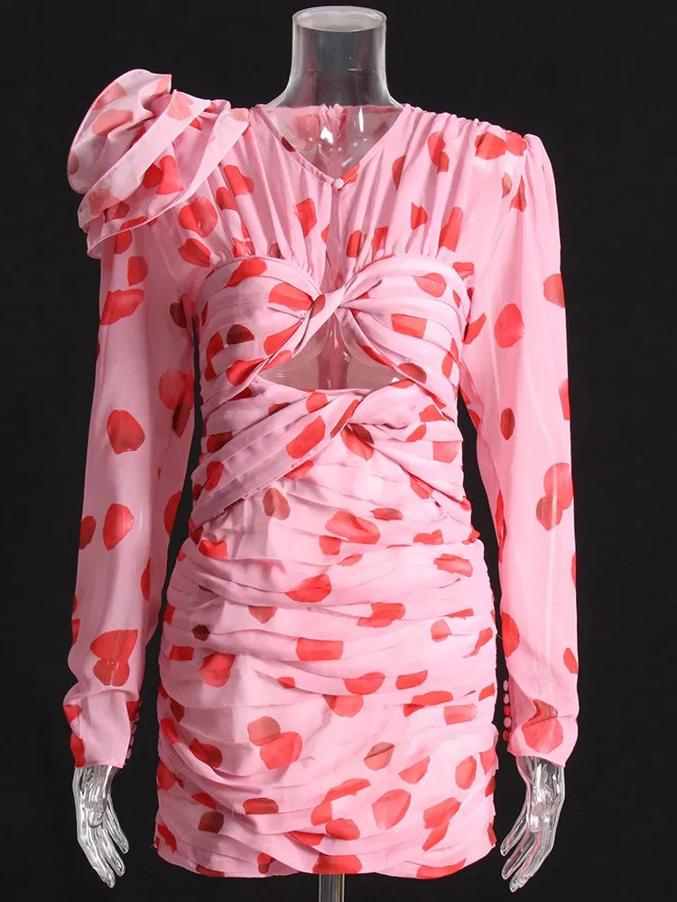 Print Patchwork Floral Cut Out Dress For Women V Neck Long Sleeve High Waist Folds Mini Dresses Female Clothes New Pink