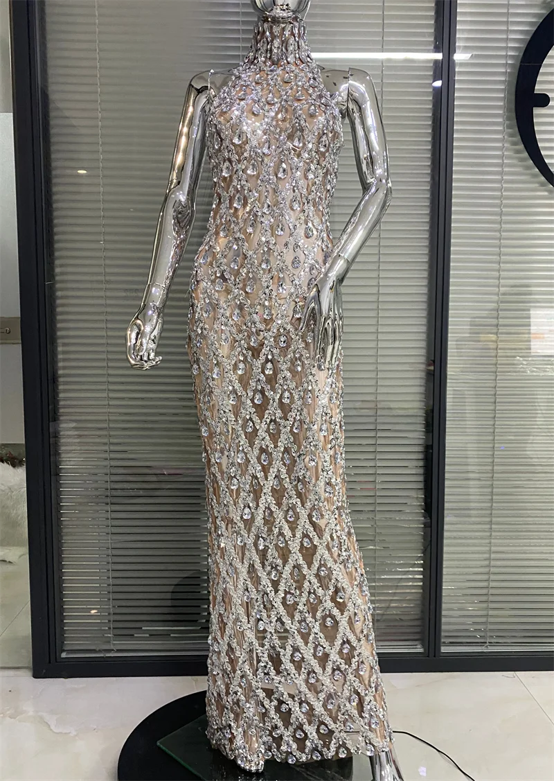 Shinning Big Crystal Women Sleeveless Sexy Halter Bodycon Long Dress Celebrate Birthday Party Nightclub Outfit Vestido nude mesh