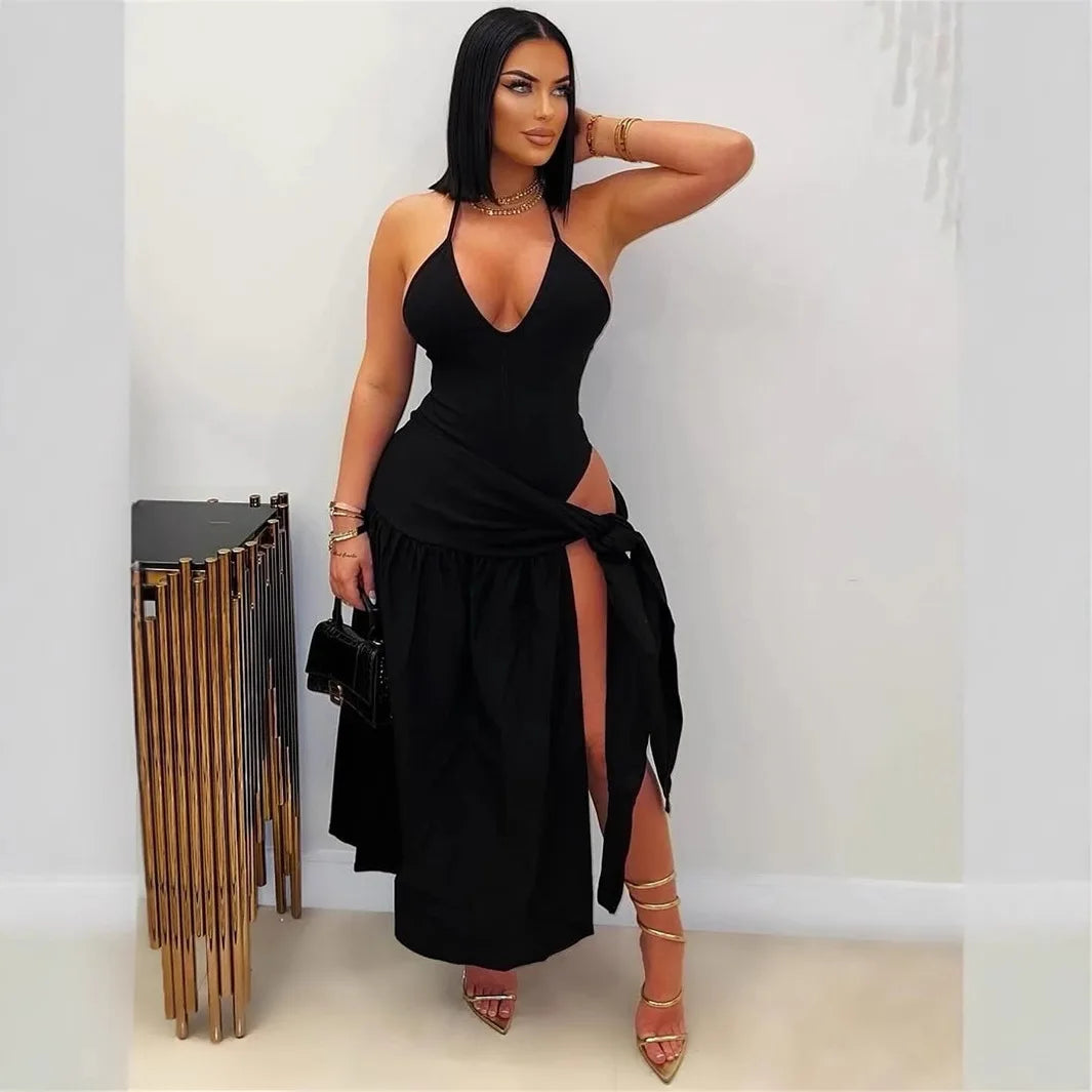 CM.YAYA Summer Women Halter Sleeveless V-Neck Tie Up High Side Split High Waist A-Line Dress Night Club Party Dresses Vestidos