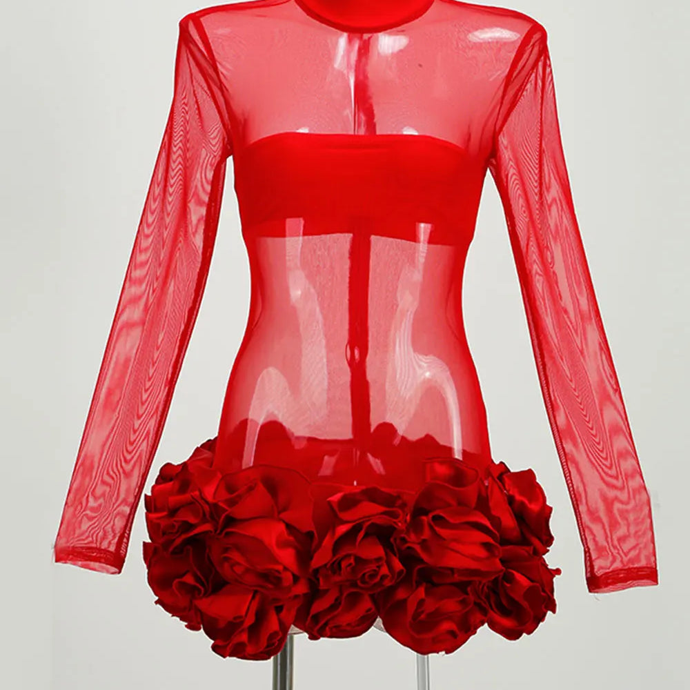 2024 Sexy Women's Perspective Mesh Mini Dress Stand Collar Long Sleeve Bodycon 3D Flower Decoration Dress Evening Party Vestidos Red