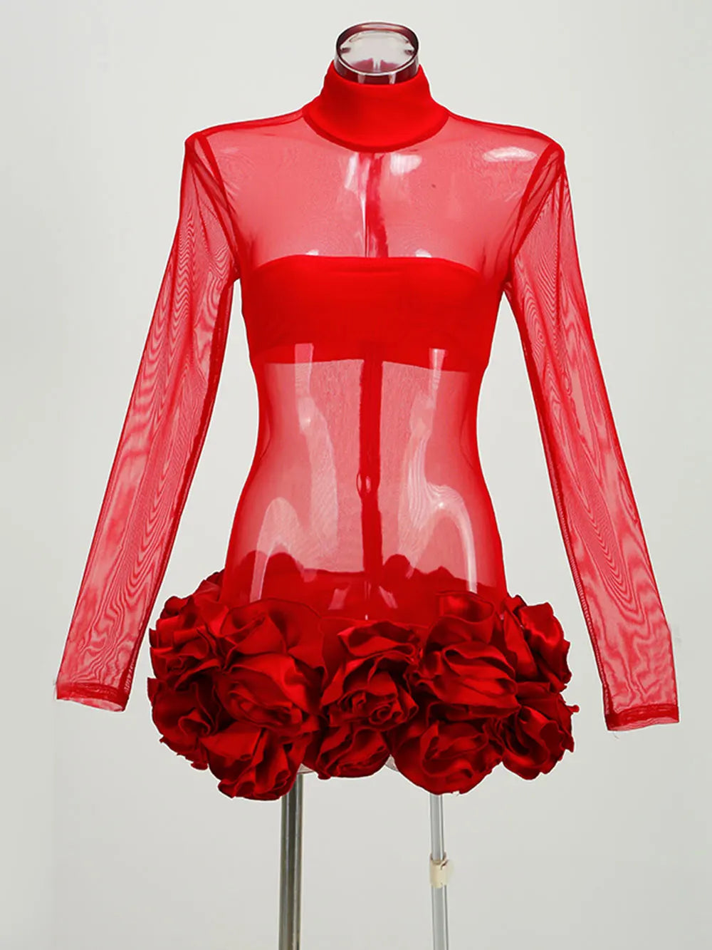 2024 Sexy Women's Perspective Mesh Mini Dress Stand Collar Long Sleeve Bodycon 3D Flower Decoration Dress Evening Party Vestidos Red