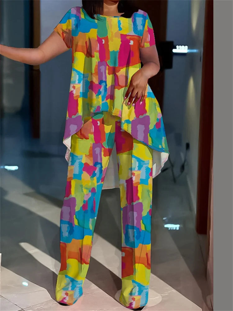 Wmstar Women Plus Size Two Piece Set 5XL Summer Casual Print T Shirt Wide Leg Pants Female Outfits Wholesale Dropshipping 2024 print