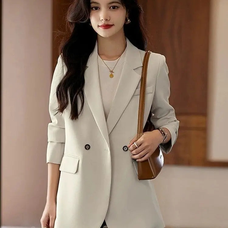 Korean Style Blazers for Women Long Sleeve Office Lady Clothing All-match Solid Minimalist Single Button Fashion Casual Notched Beige