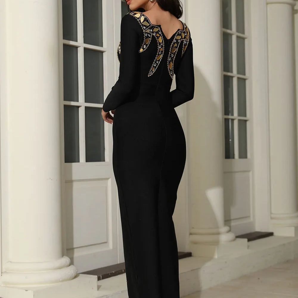 2024 Women's Heavy Industry Nail Bead Design Bandage Dress V-neck Long Sleeve Bodycon Split Length Dresses Club Party Vestido