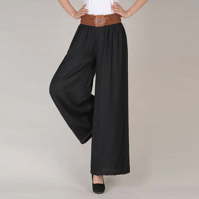 Casual Elastic High Waist Lace Up Belt Wide Leg Loose Women's Pants Korean Fashion Full-Length Pants For Women Spring black