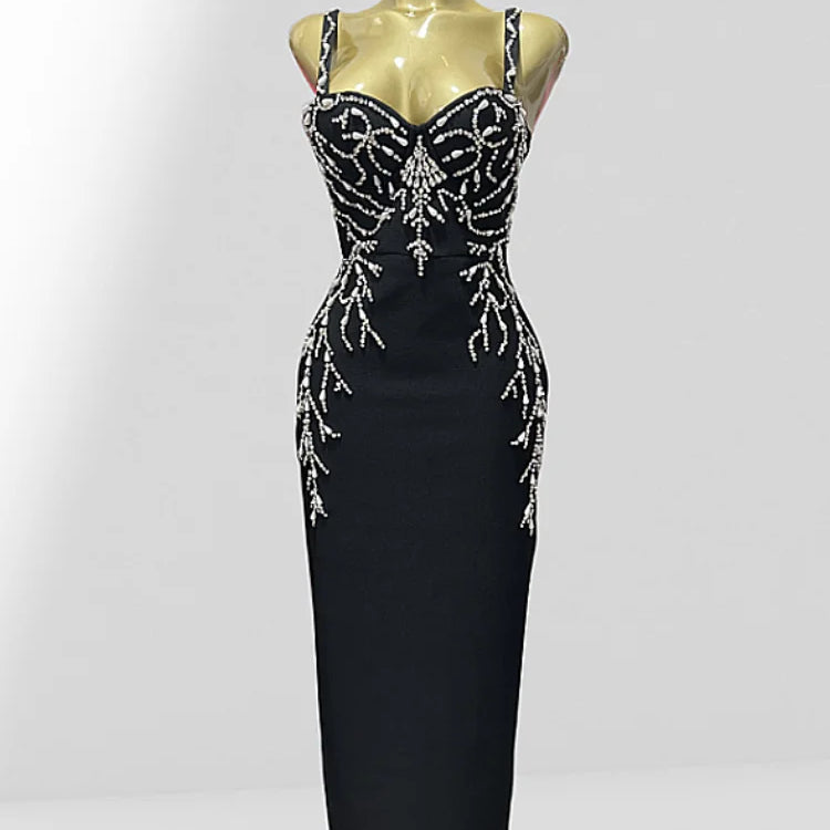 2025 Luxury Diamonds Spaghetti Strap Black Bandage Ankle Length Dress Woman evening Party Dress Celebrity Birthday Party Outfit black