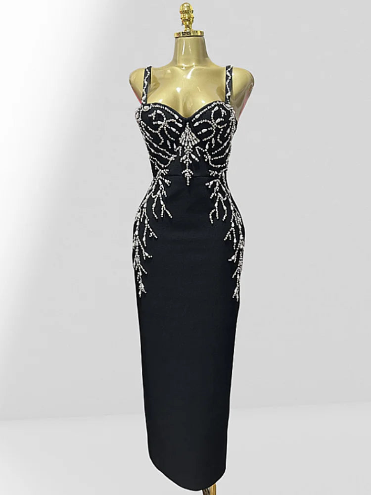 2025 Luxury Diamonds Spaghetti Strap Black Bandage Ankle Length Dress Woman evening Party Dress Celebrity Birthday Party Outfit black