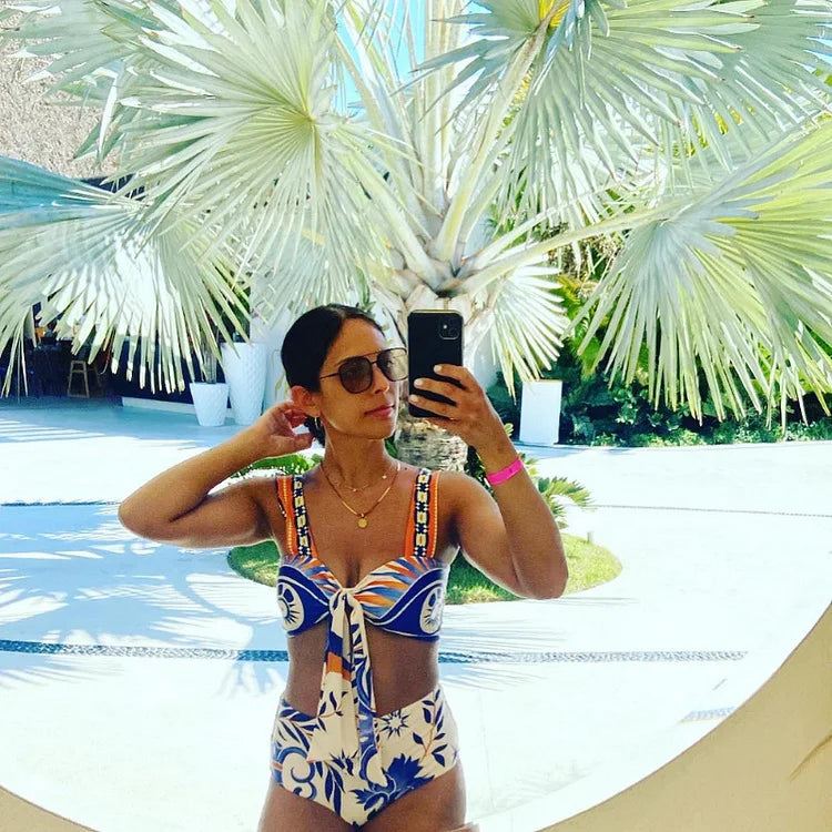 Fashion Printed Lace Up Bikini Sexy High Waisted Split Swimsuit Women Elegant Beach Swimwear Luxury Bathing Suit Beachwear