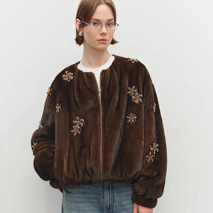 Lautaro Winter Luxury Elegant Thick Warm Soft Brown Short Faux Mink Fur Coat Women Beading Loose Stylish Chic Fluffy Jacket Brown