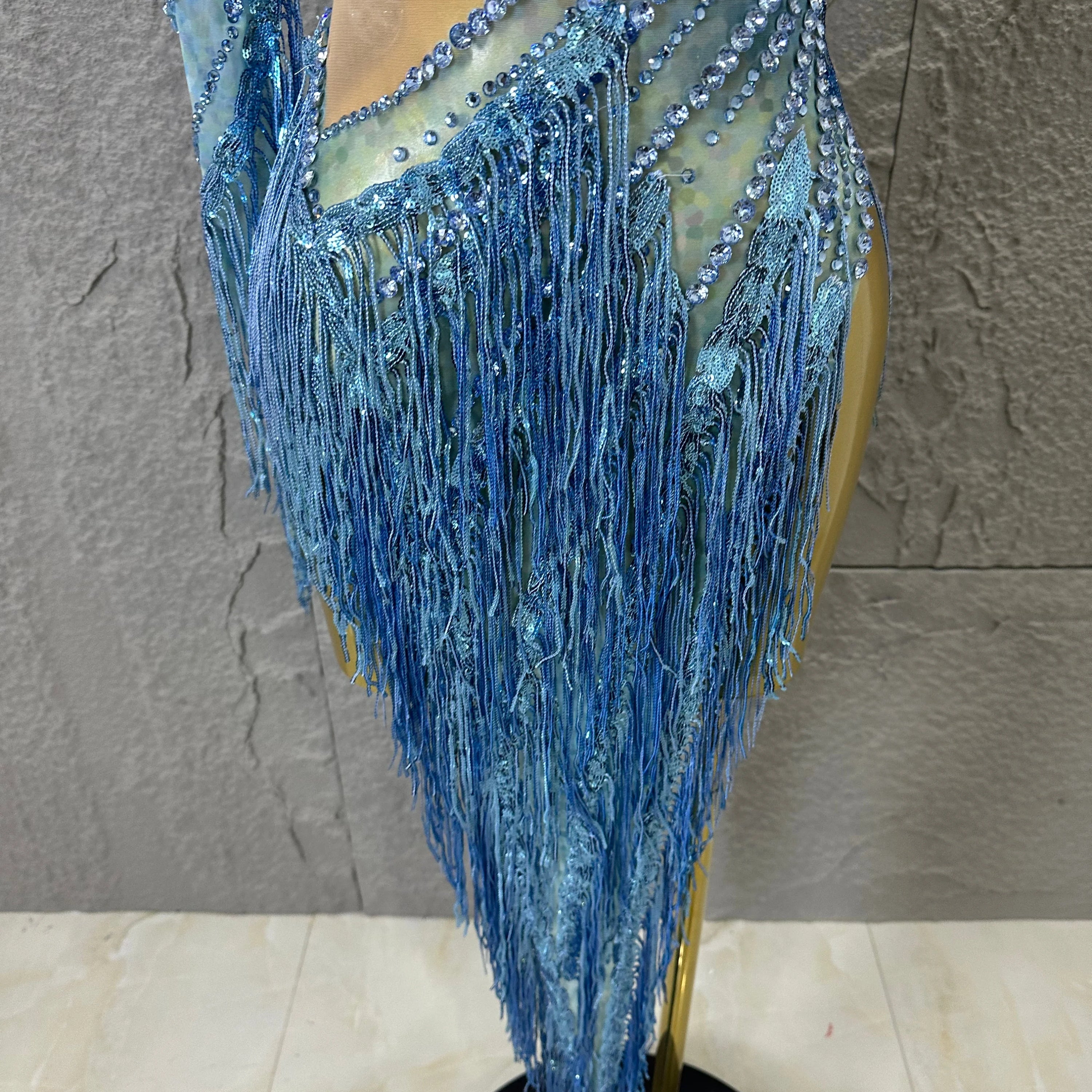 Glamorous Sky Blue One Shoulder Crystal Beaded Asymmetrical Tassel Dress Evening Birthday Nightclub Dance Banquet Outfit