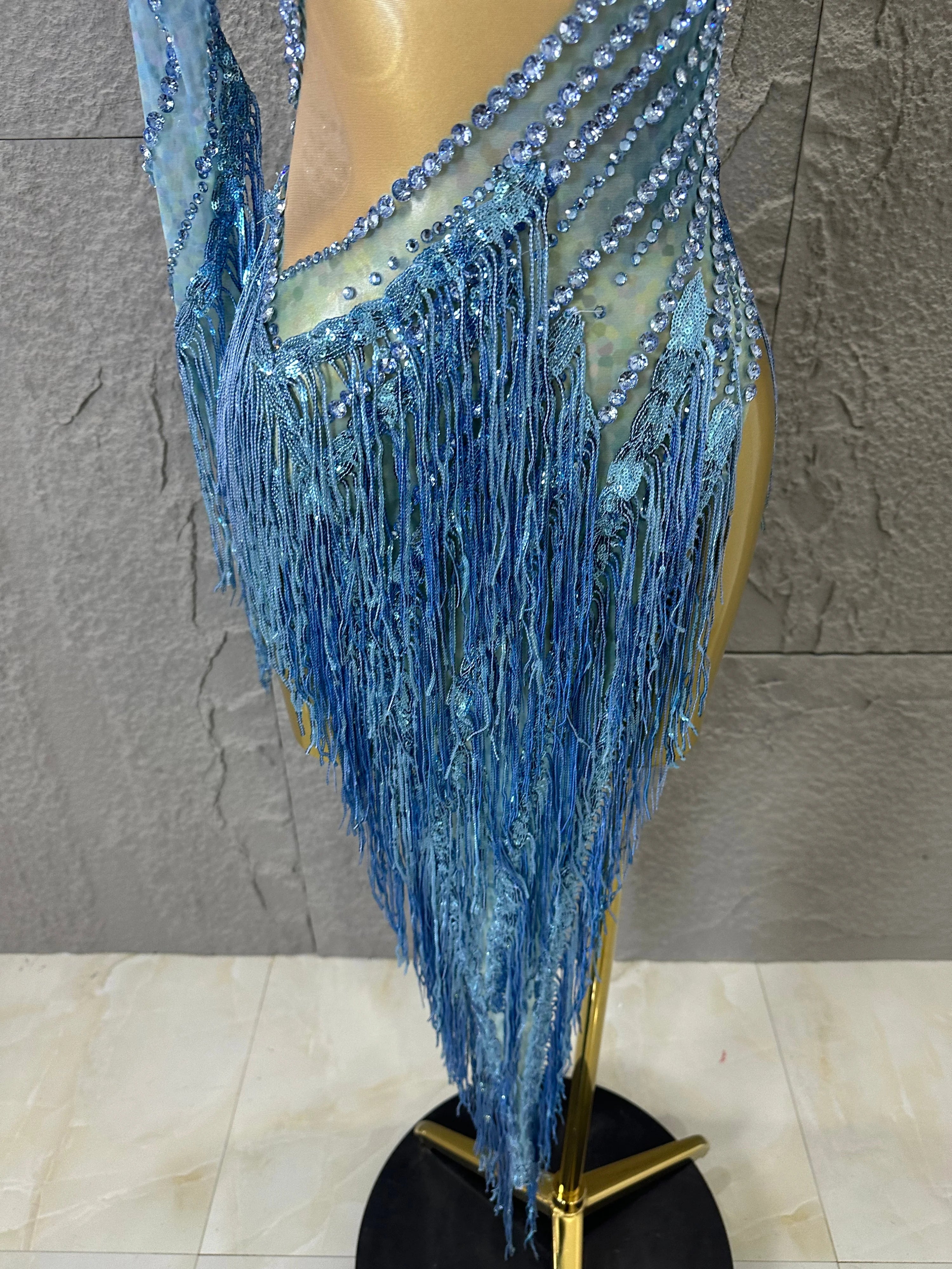 Glamorous Sky Blue One Shoulder Crystal Beaded Asymmetrical Tassel Dress Evening Birthday Nightclub Dance Banquet Outfit