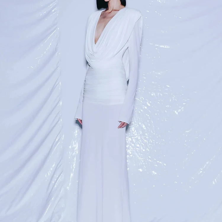 White Swinging Collar Long Dress For Women Ruched High Waist Long Sleeves Slim Elegant Evening Party Gowns