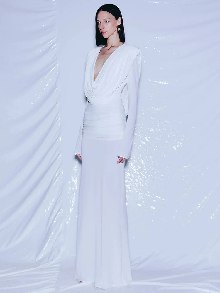 White Swinging Collar Long Dress For Women Ruched High Waist Long Sleeves Slim Elegant Evening Party Gowns