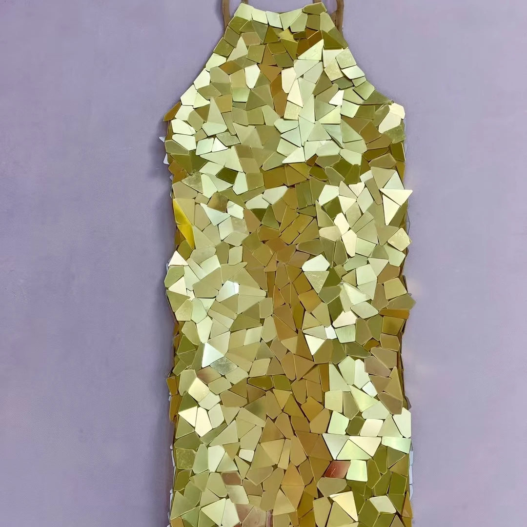 Sparkly Golden Sequins Strap Mini Dress for Women Birthday Celebrate Party Bodycon Dress Club Stage Show Dress Chajianjingpian