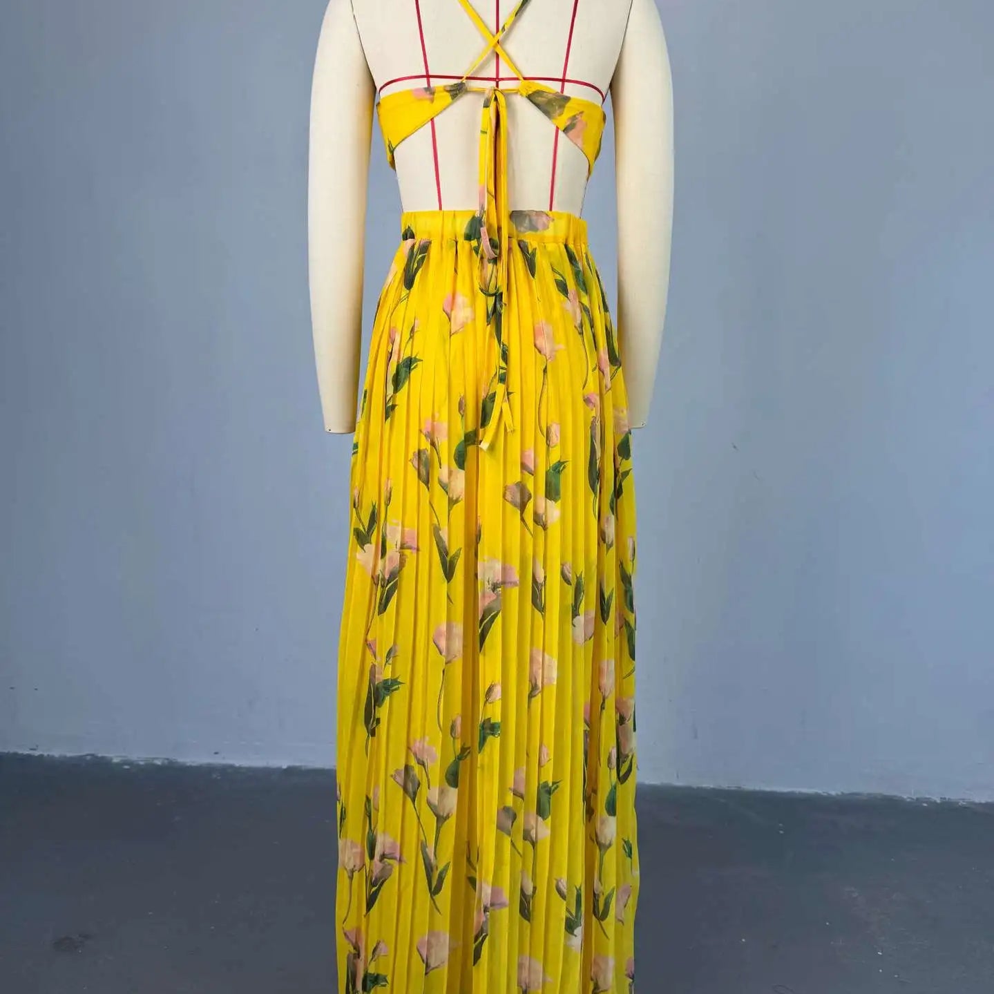 Elegant Floral Print Sleeveless Sweet Strapless Floor-Length Long Women Dress Beach Party Birthday Sexy Pleated Dresses