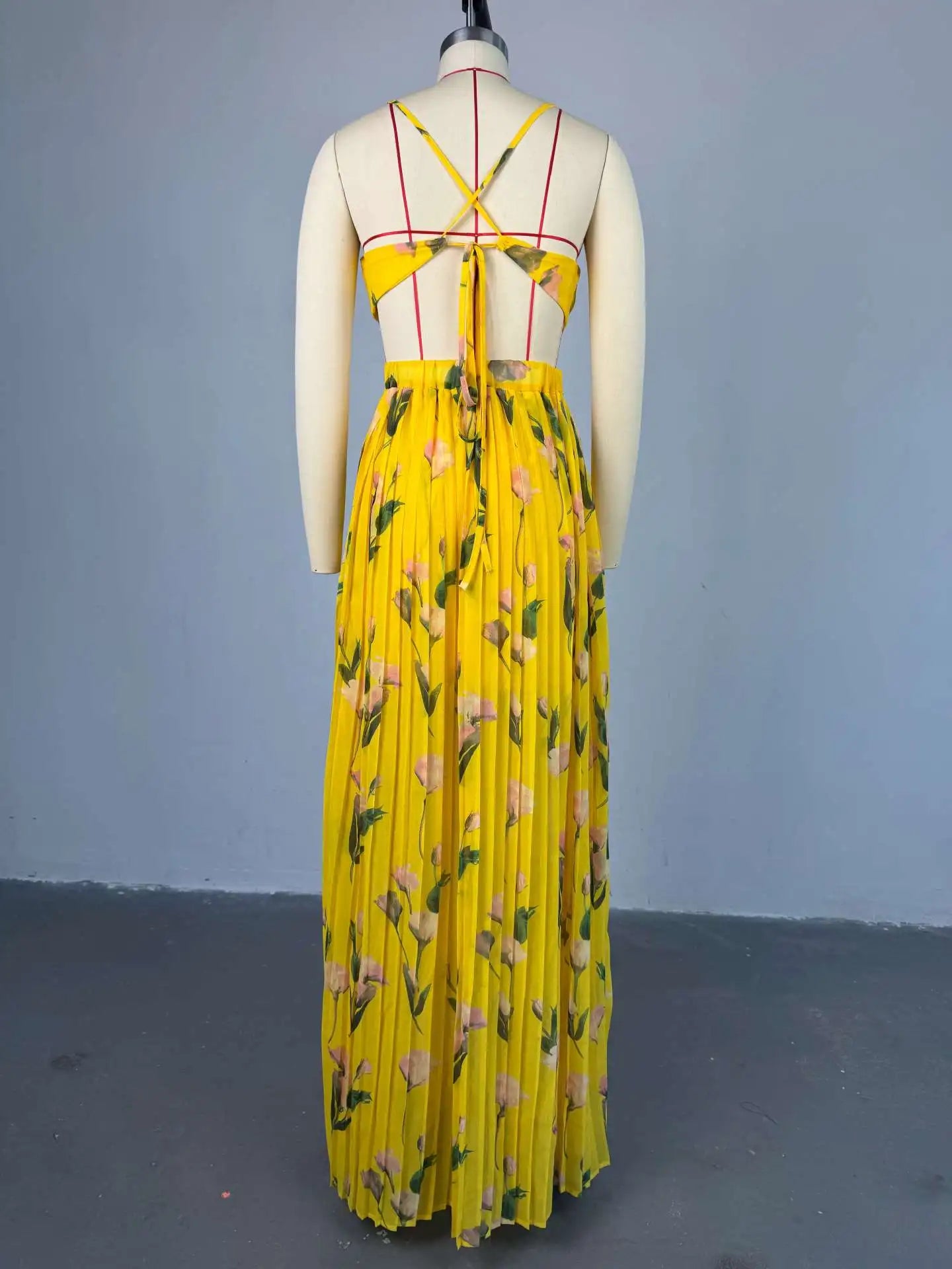 Elegant Floral Print Sleeveless Sweet Strapless Floor-Length Long Women Dress Beach Party Birthday Sexy Pleated Dresses