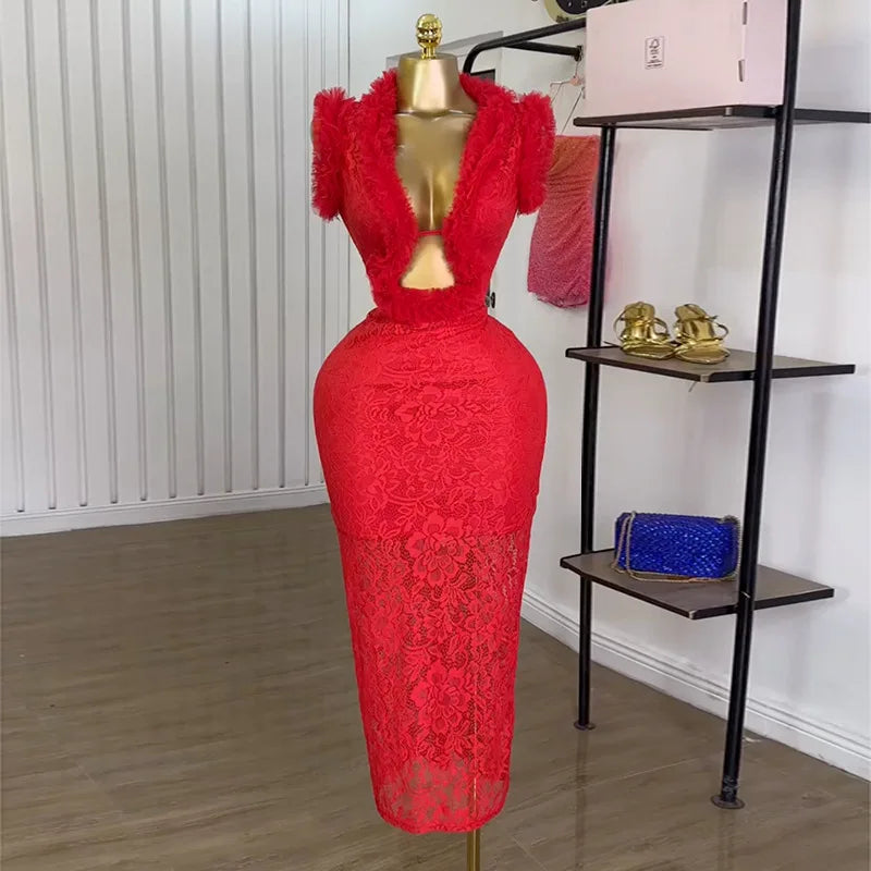 CM.YAYA Women Ruffles Splicing Deep V-neck Lace Floral Bodycon Midi Dress 2025 Birthday Night Club Party Vestidos Sexy Dresses