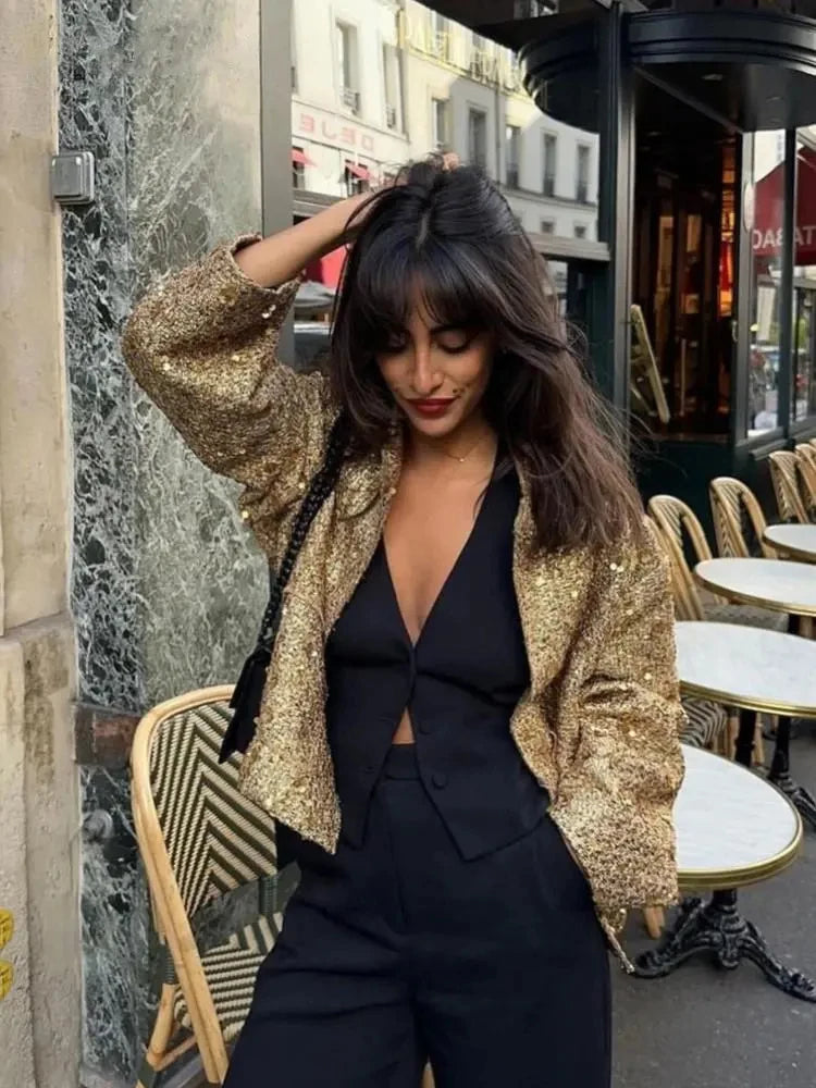 Sequin Women Coat Gold Long Sleeve Stand Collar Gold Female Jacket Autumn Winter Fashion Single Breasted Party Lady Outwear