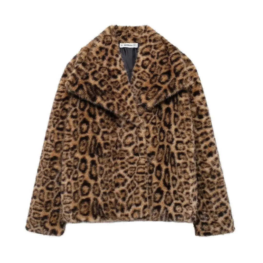 Women's Artificial Fur Coat Winter New Style Collar Stand up Windproof Effect Cross-Border Fashion Outerwear 4360240 Leopard print