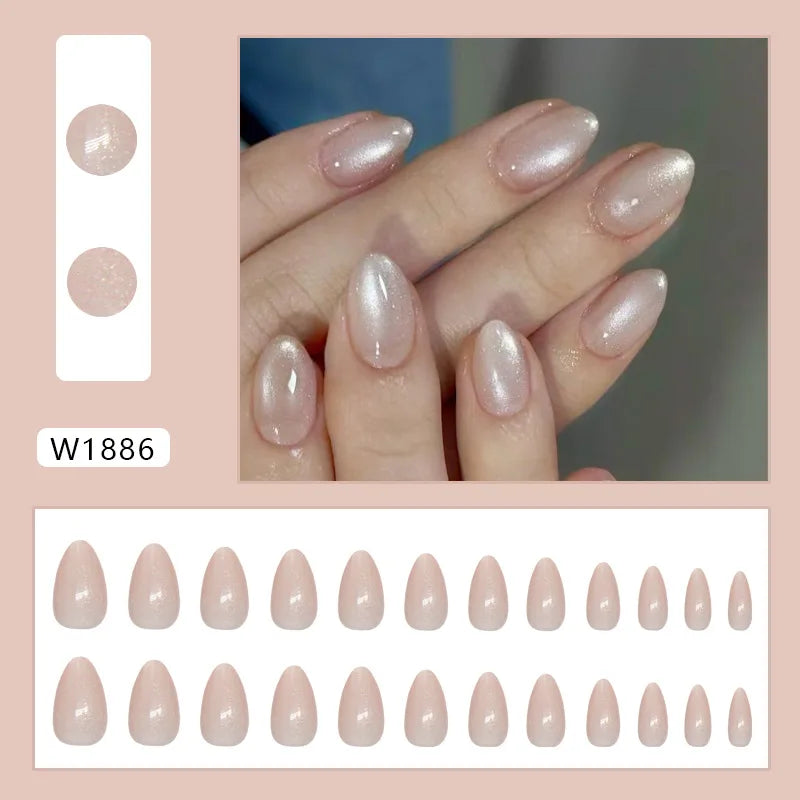 24pcs Shiny Green Cat Eye False Nails Cute Seal Print Fake Nails Tips Wearable Reusable Glossy Short Round Press on Nails 15