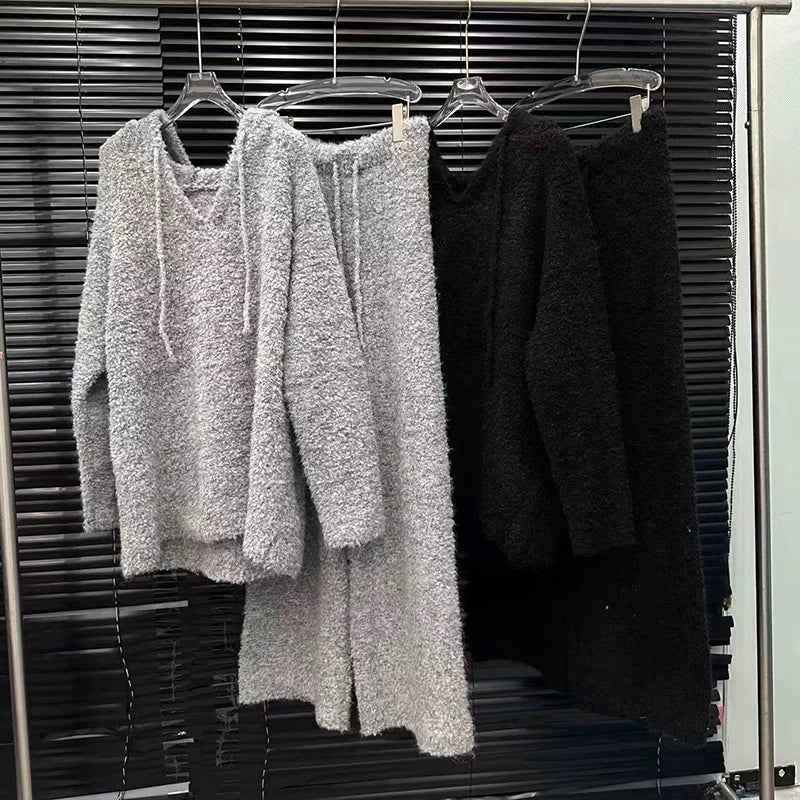 Autumn Winter New Niche Design Lazy Style Fashion Loose Soft Hooded Sweater For Women Elastic Waist Pants 11A07783