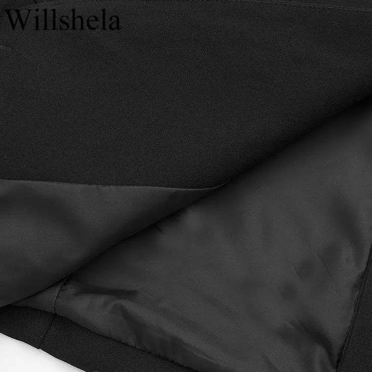 Willshela Women Fashion Satin Black With Feather Blazer Jacket Vintage Notched Neck Single Button Long Sleeves Female Outfits