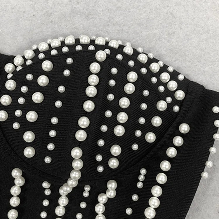 Celebrity Women Luxury Sexy Strapless Pearl Black Bodycon Bandage Jumpsuit 2025 Celebrity Designer High Street Rompers