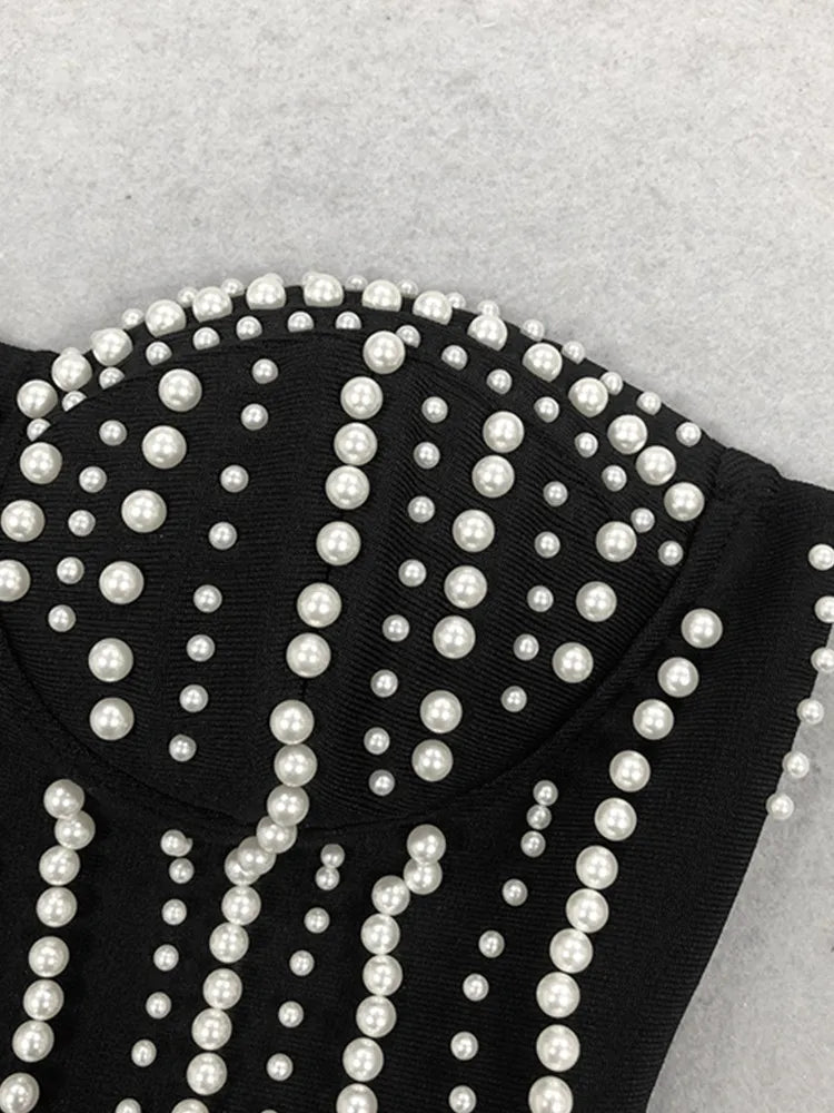 Celebrity Women Luxury Sexy Strapless Pearl Black Bodycon Bandage Jumpsuit 2025 Celebrity Designer High Street Rompers