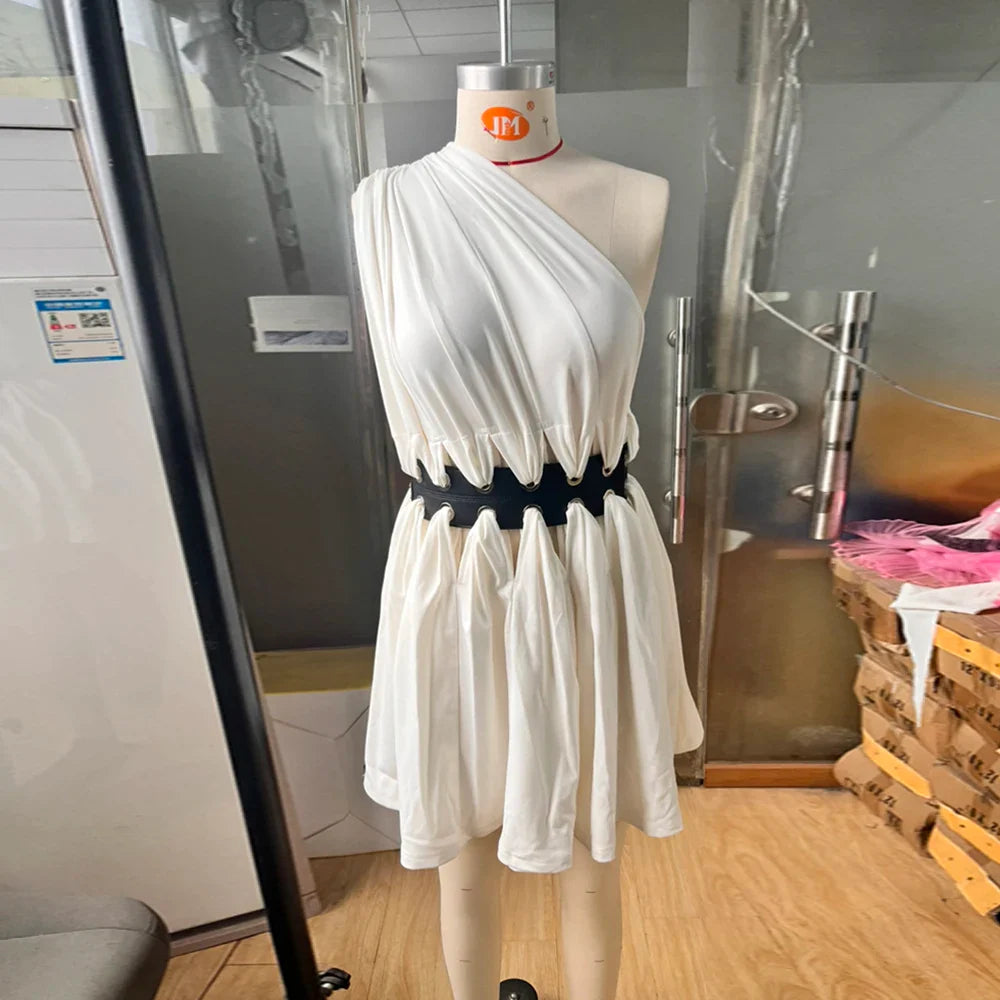 Patchwork Leather Chic Dresses For Women Diagonal Collar Sleeveless High Waist Hollow Out Mini Dress Female Style WHITE