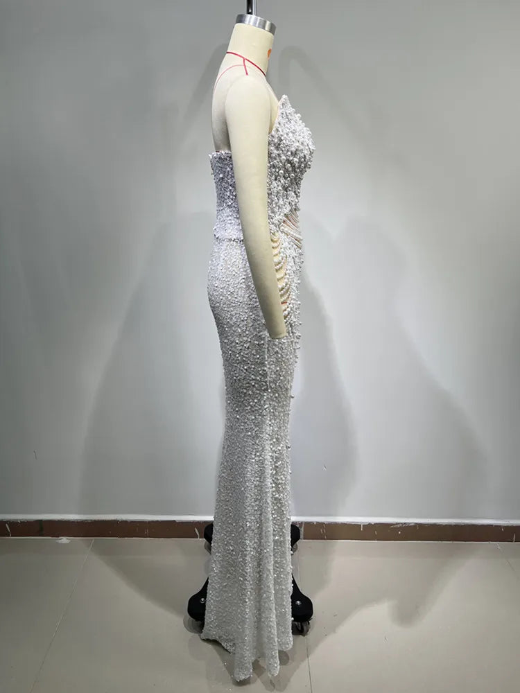 Women Luxury Sexy Strapless Backless Pearl Sequins Maxi Long Beige Gowns Dress Elegant Evening Party Club Dress Vestido