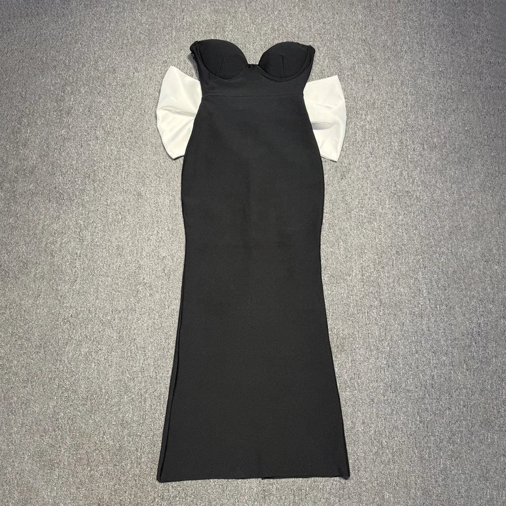 Glamorous Black Mermaid Strapless V-Neck Dress Gown with Bow Detail for Galas Wedding Party black