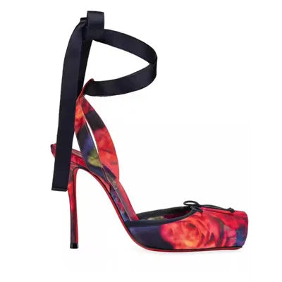 Women Lace-Up High Heeled Shoes for Woman's Square Toe Thin Heels Platform Pumps Mujer Pleated Slingback Wedding Luxury Sandals polychromatic 10CM