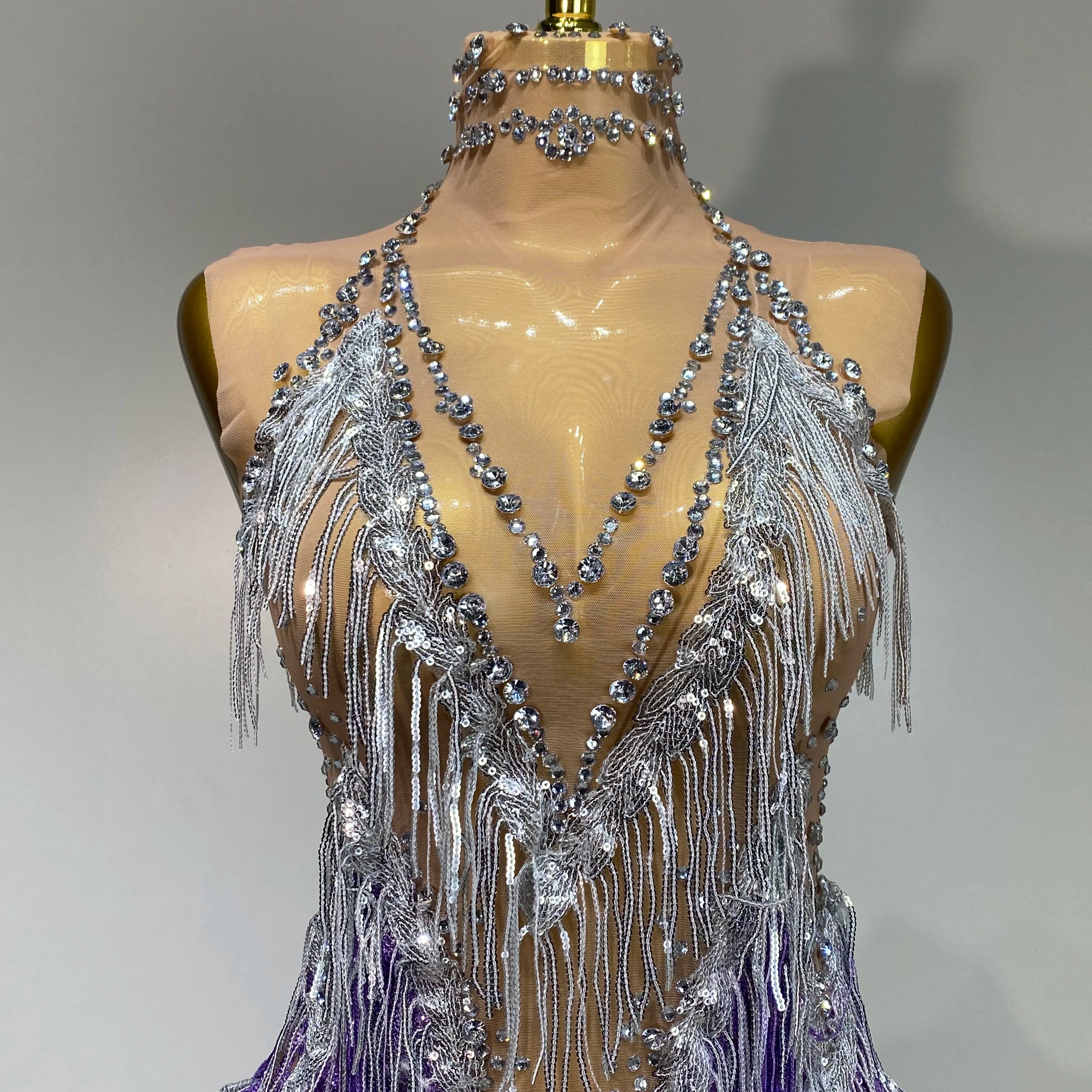 Luxury Rhinestone Tassel Sexy Women Short Latino Dance Dress Birthday Nightclub Bar Sleeveless Sparkly Performance Stage Outfit