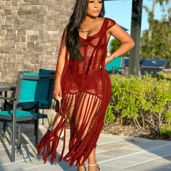 Sexy Crochet Knit Rib Tassel Mini Dress for Women Summer 2024 Fashion Sleeveless See Through Club Party Dresses Beach Wear Robe