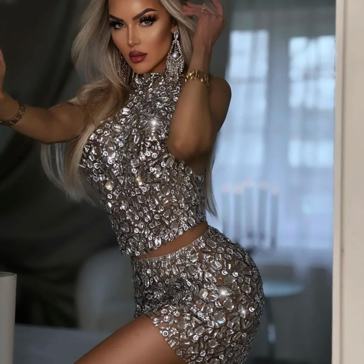 Big Crystal Women Sexy 2 Pieces Mesh See Through Mini Bodycon Dress Performance Costume Celebrate Birthday Party Dress Vestido