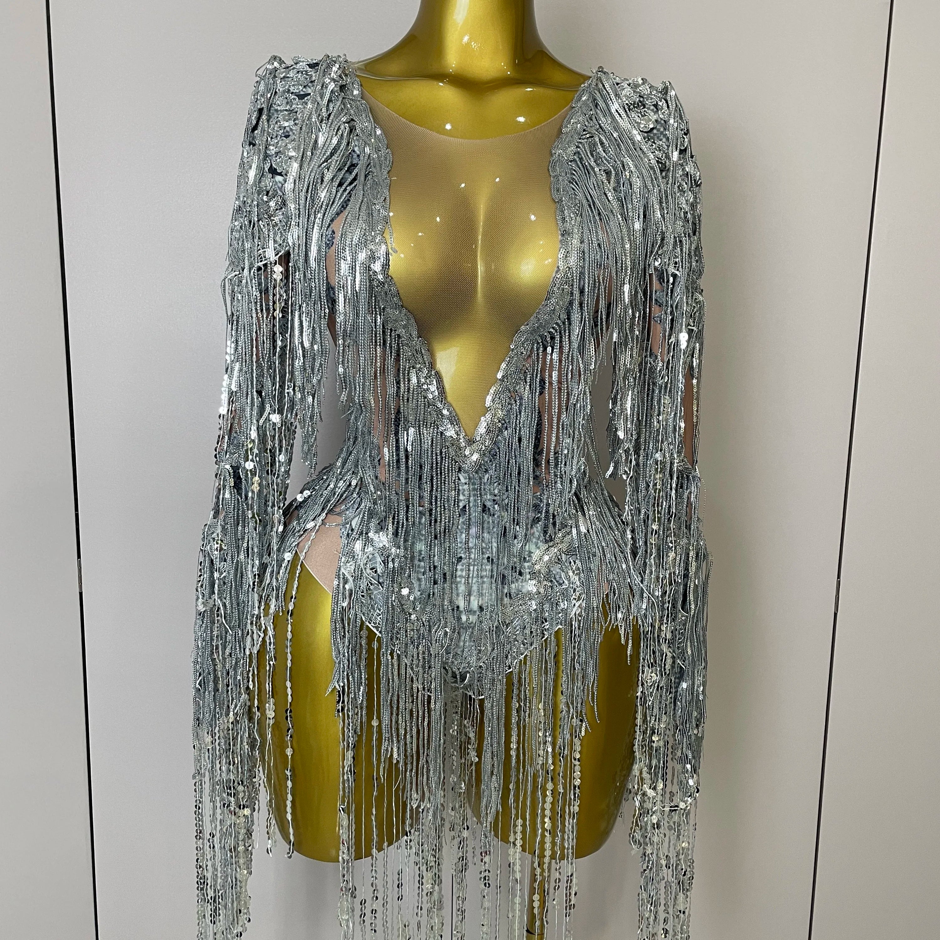 STOCK 2025 Flashing Sequins Tassels Sexy See-Through Sheath Bodysuit Evening Party Nightclub Dancer Stage Perfprmance Costume Silver