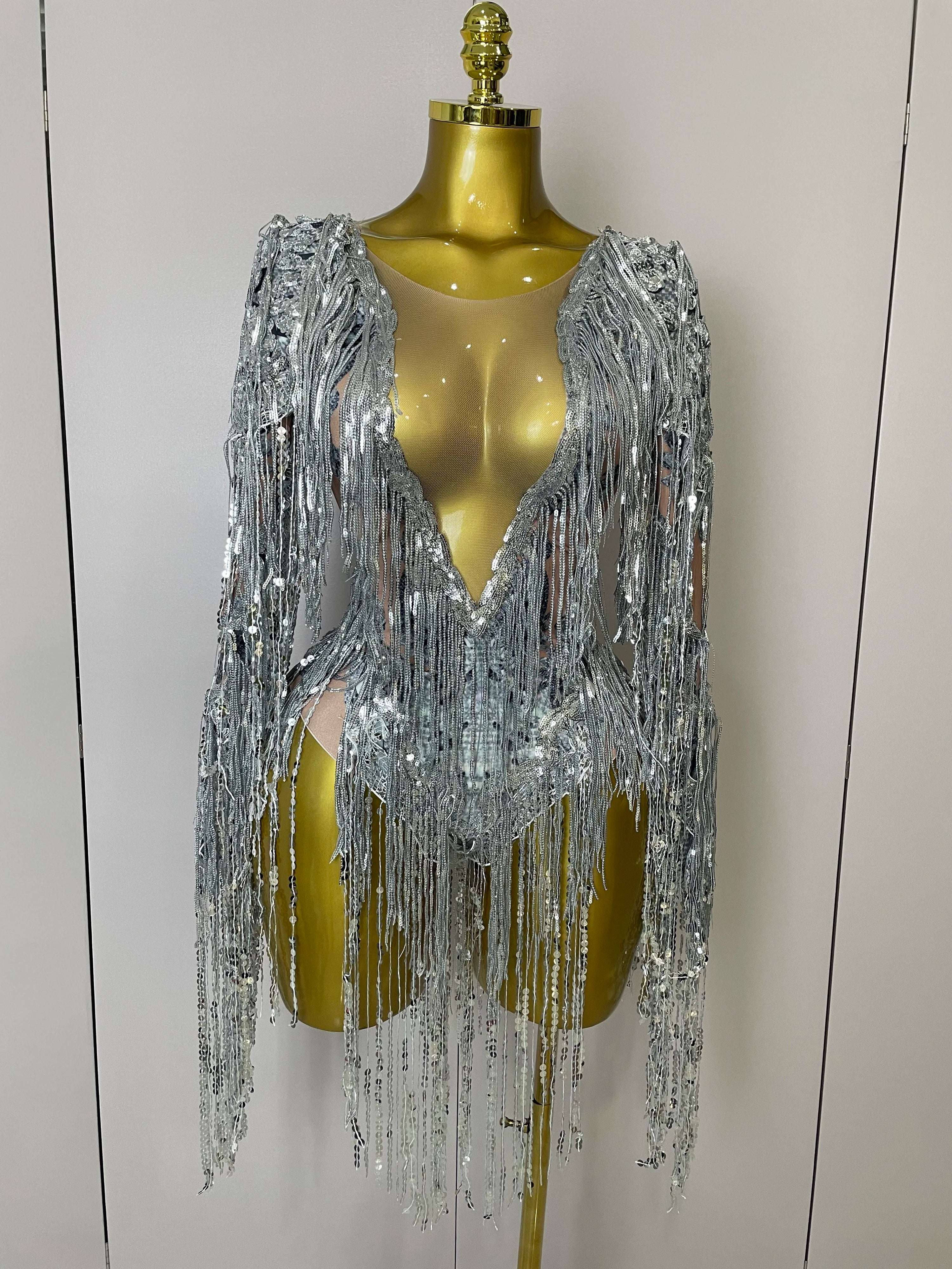 STOCK 2025 Flashing Sequins Tassels Sexy See-Through Sheath Bodysuit Evening Party Nightclub Dancer Stage Perfprmance Costume Silver