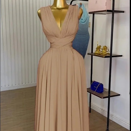 CM.YAYA Women Sleeveless Cutout Back Wrap V-neck Pleated A-line Chiffon Maxi Long Dress Birthday Vacation Sexy Party Dresses