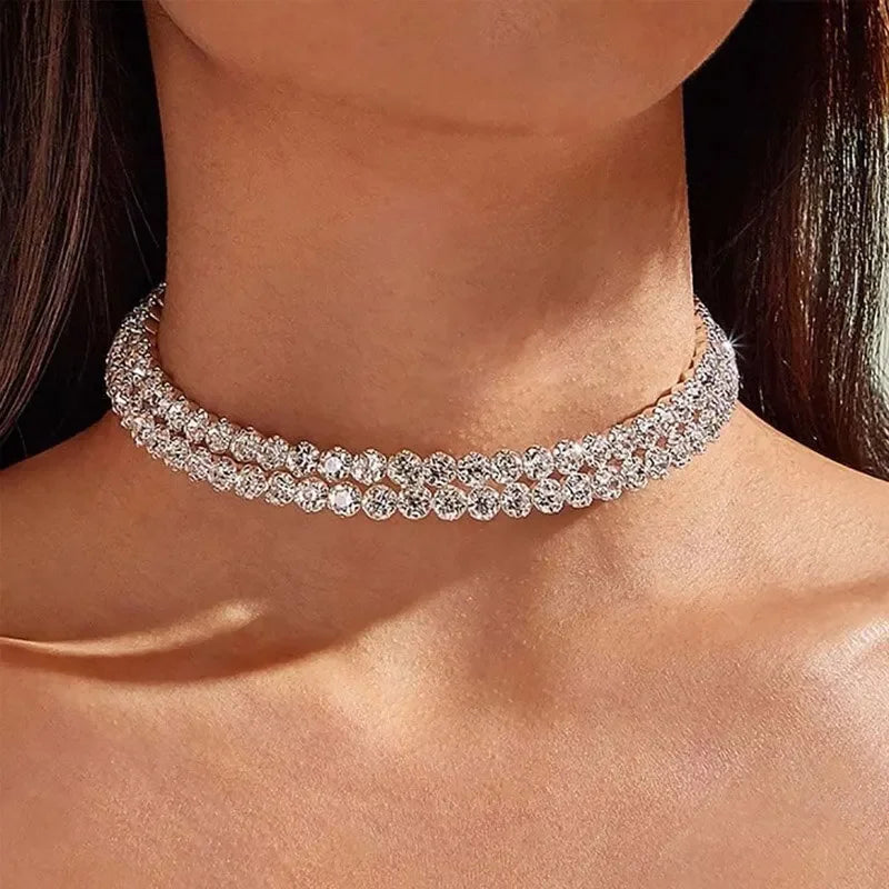 New Fashion Double-layer Rhinestone Choker Necklace Round Flower Crystal Ins Trendy Neck Jewelry Statement Bridal Wedding Collar