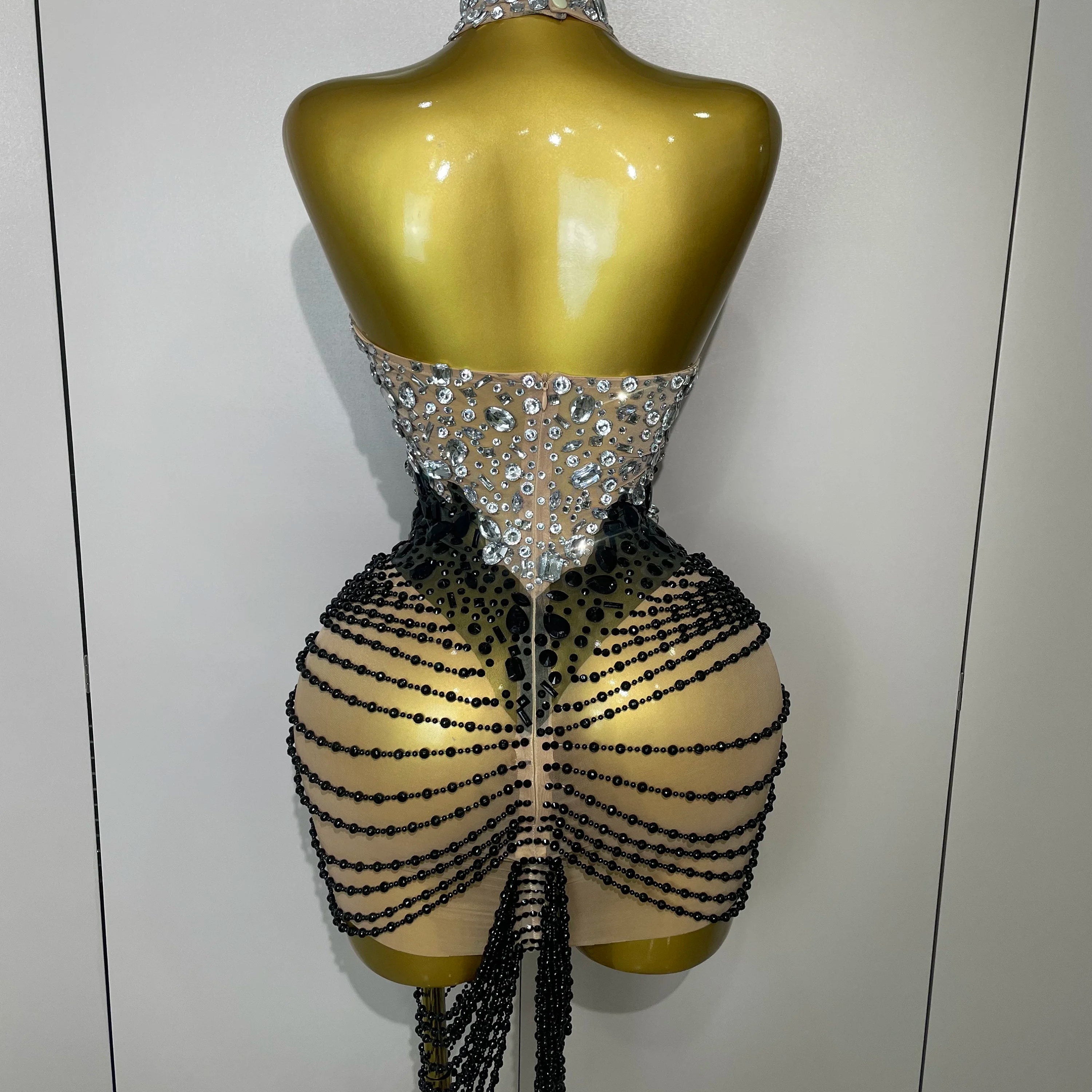 STOCK Sparkly Crystals Beading Short Dress 2025 Women Sexy Mesh Backless Evening Prom Celebrate Birthday Dress Photo Shoot Wear