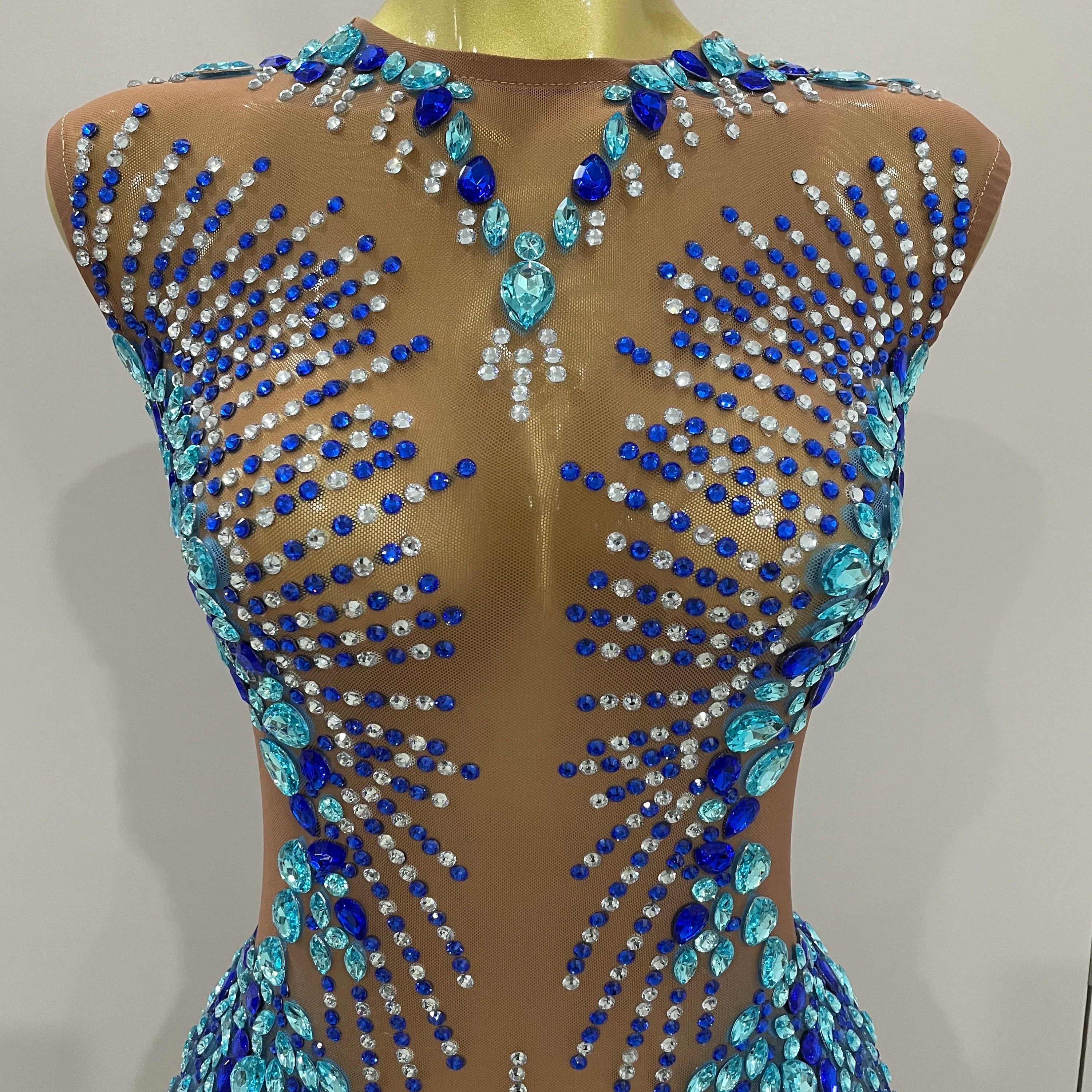 Luxury Sparkly Rhinestones Nude Sexy Mesh Maxi Dress 2025Women Evening Birthday Party Elegant Gown Show Red carpet Stage Costume