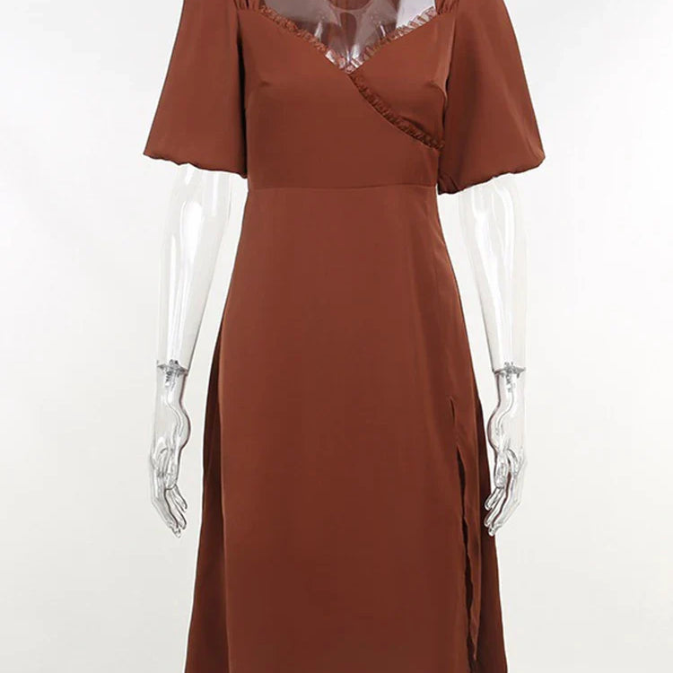 European and American fashion temperament women's clothing summer French low cut mid length slit dress for women