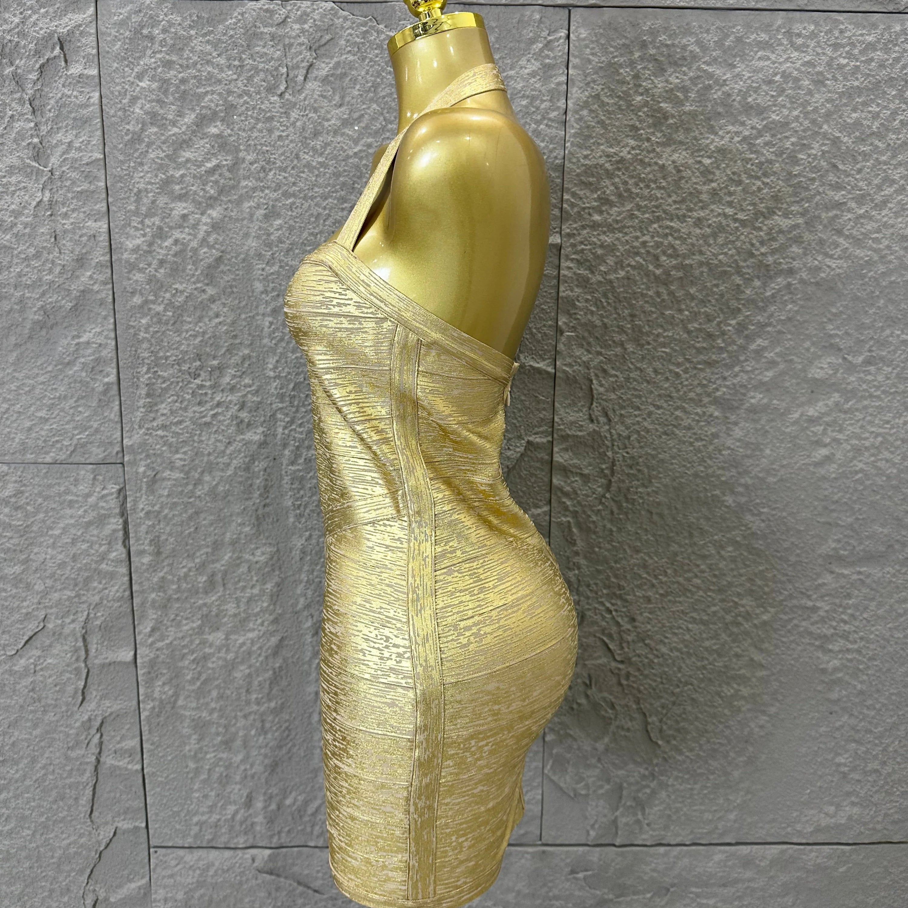 Elegant Gold Metallic Bandage Mini Dress Women Halter Neck Sweetheart Bodycon Formal Event Cocktail Party Costume