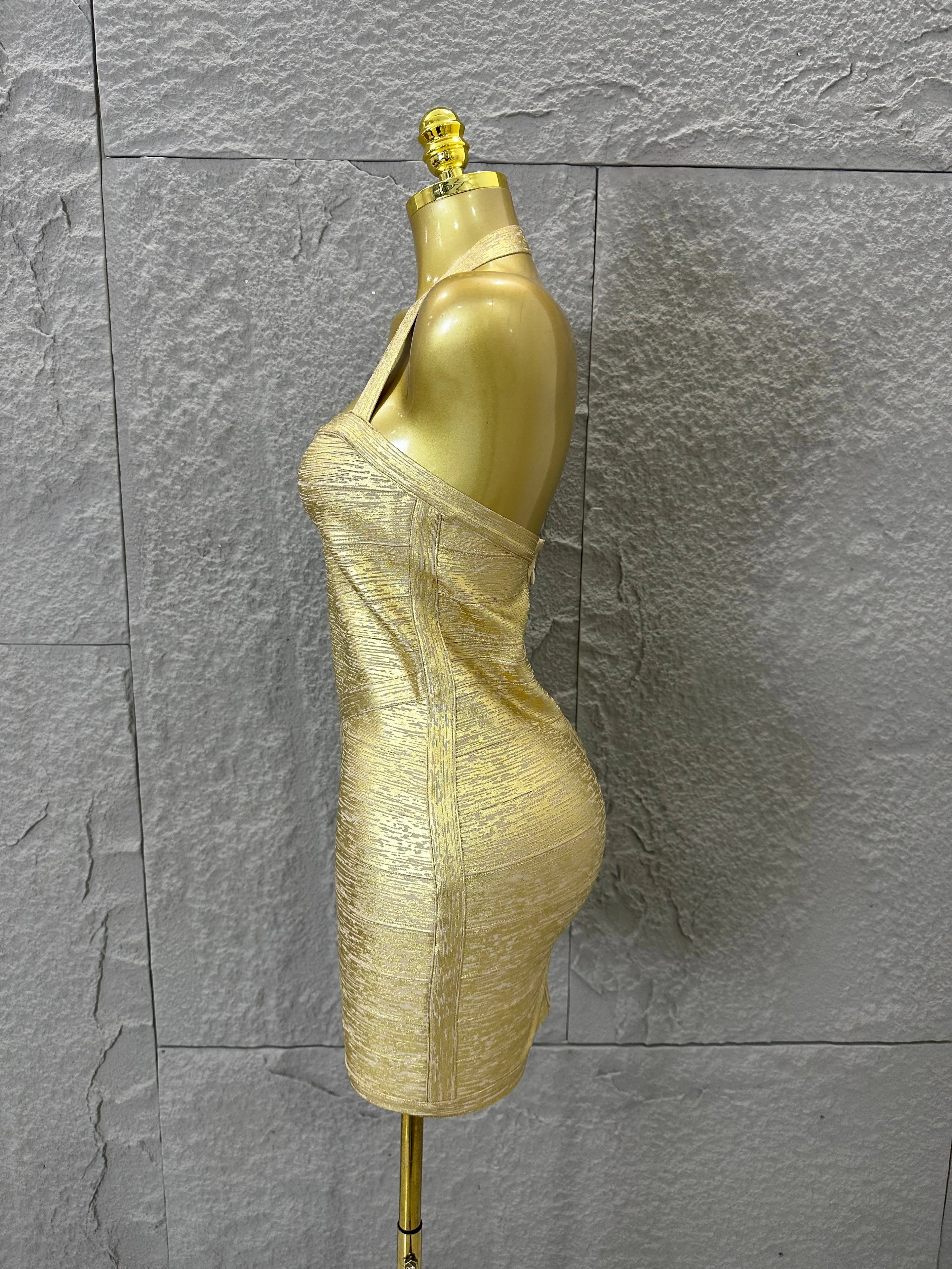 Elegant Gold Metallic Bandage Mini Dress Women Halter Neck Sweetheart Bodycon Formal Event Cocktail Party Costume