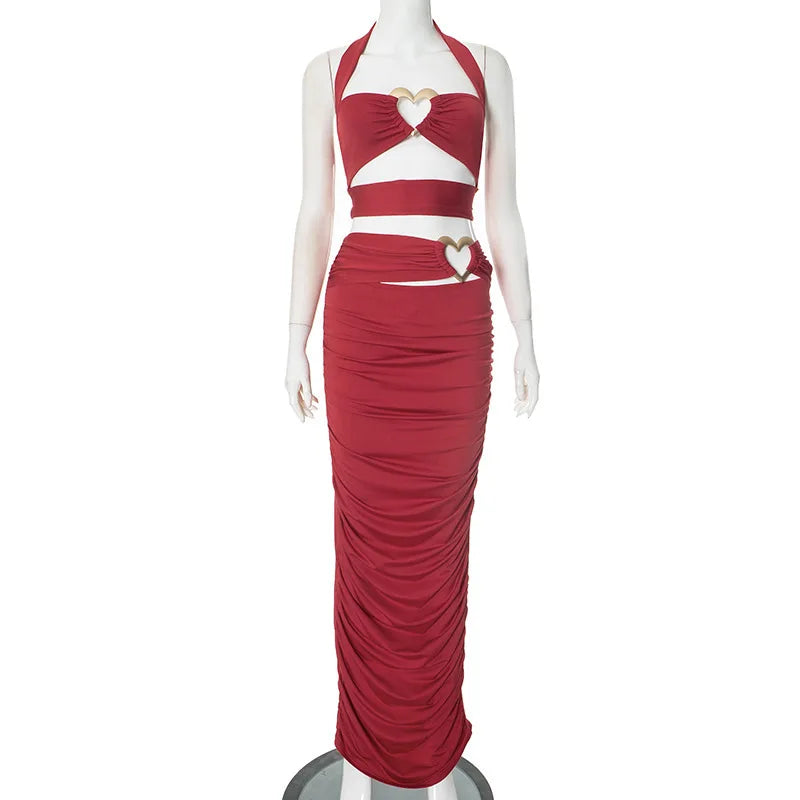 Sexy Slim Hollow Out Skirt Two Pieces Sets For Women Love Metal Buckle Halter Tops And Long Skirt Two Pieces Sets Red