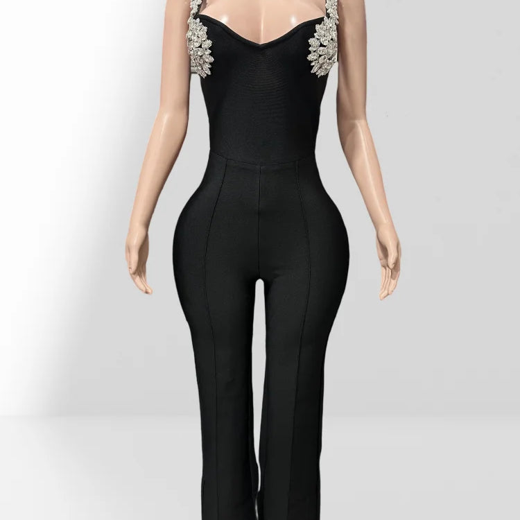 Shining Diamonds Sexy V-Neck Sleeveless Jumpsuit Graceful Woman Evening Party Outfit